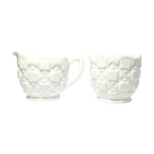 Westmoreland “Old Quilt” Milk Glass Creamer 3 7/8” 12oz & Open Sugar Bowl 3 3/4”